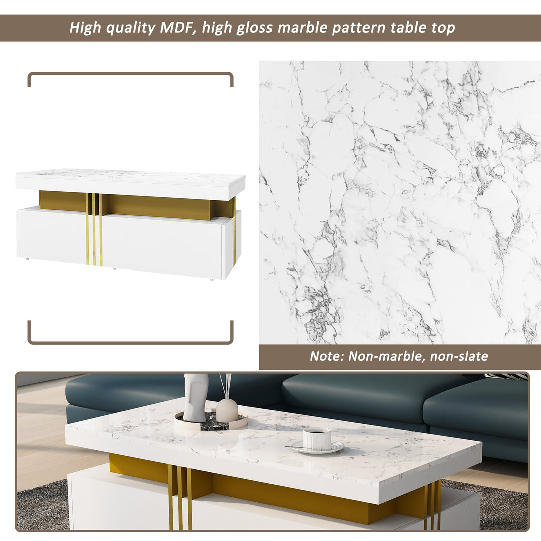 White marble look coffee table with gold accents and 2 drawers CREPUSCRAY