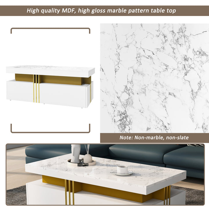 White marble look coffee table with gold accents and 2 drawers CREPUSCRAY