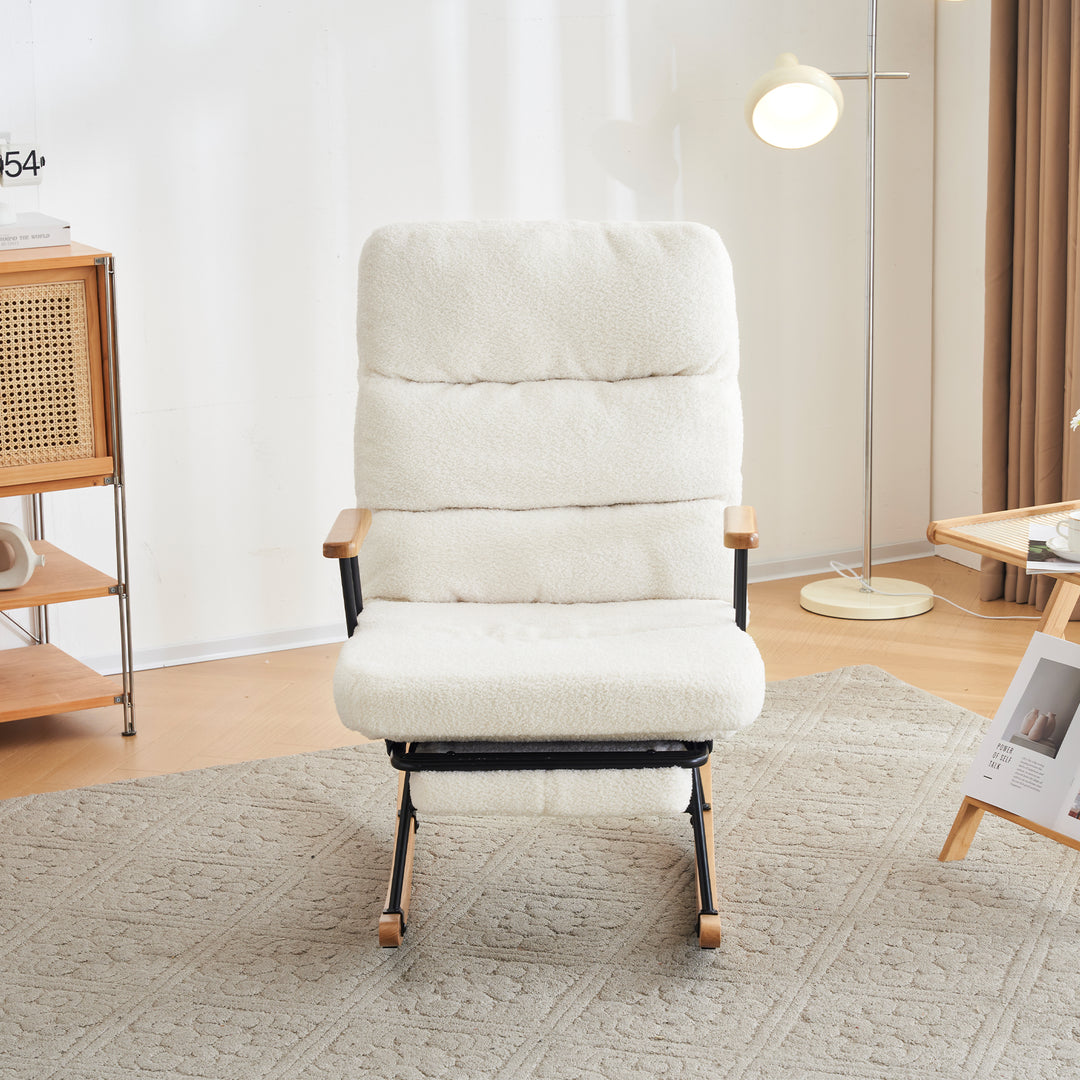 White boucle fabric nursery rocking chair with glider footrest PATINA UK