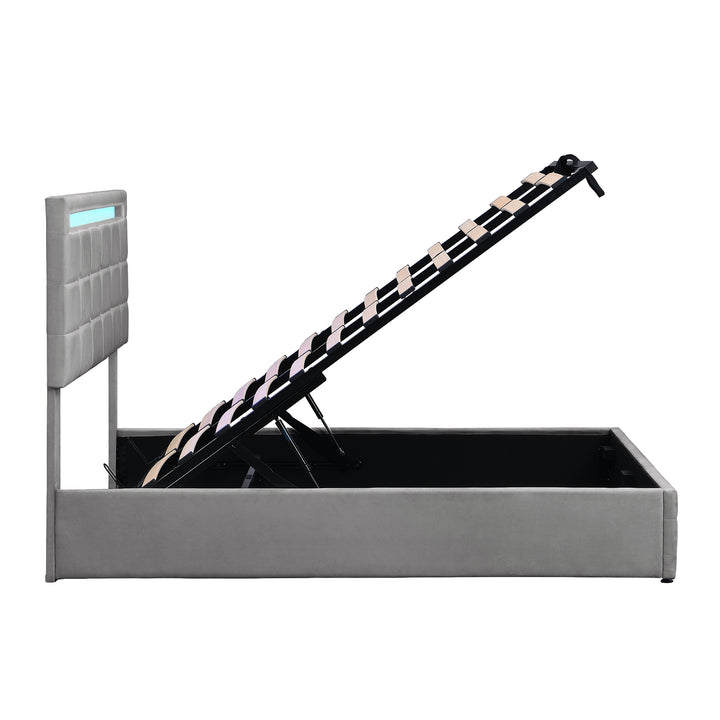 Grey velvet upholstered ottoman double bed with LED lighting (135x190cm) ANHYDROBIO