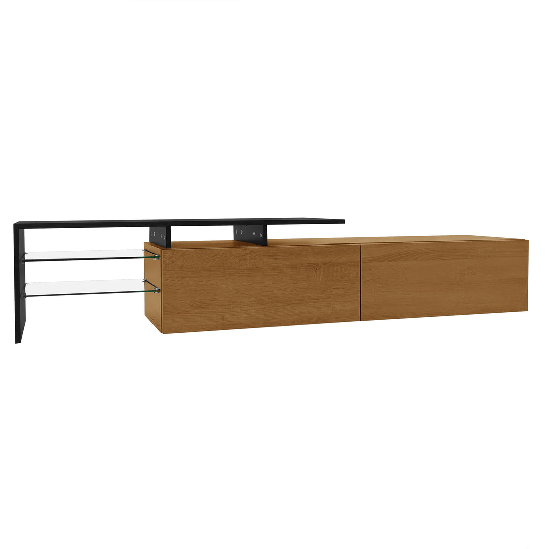 Black wooden finish TV cabinet with glass shelves and LED lighting KNEEJOINT