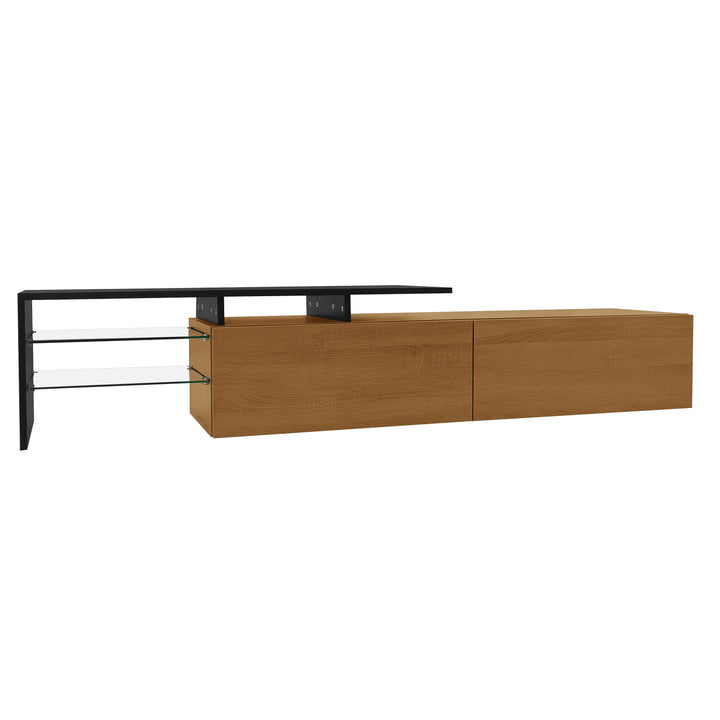 Black wooden finish TV cabinet with glass shelves and LED lighting KNEEJOINT