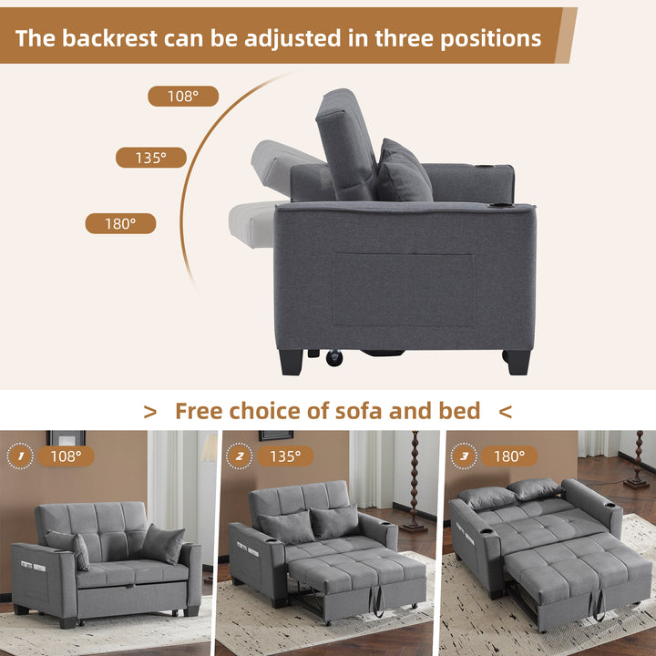 Gray fabric convertible 2-seater sofa bed pull-out design, adjustable backrest, and storage FROSTSTONE