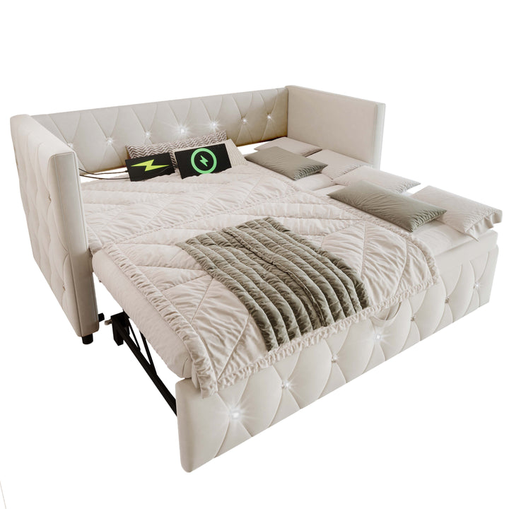 Beige velvet single upholstered guest day bed diamond design with trundle, USB charging STEKZEL BEIGE UK