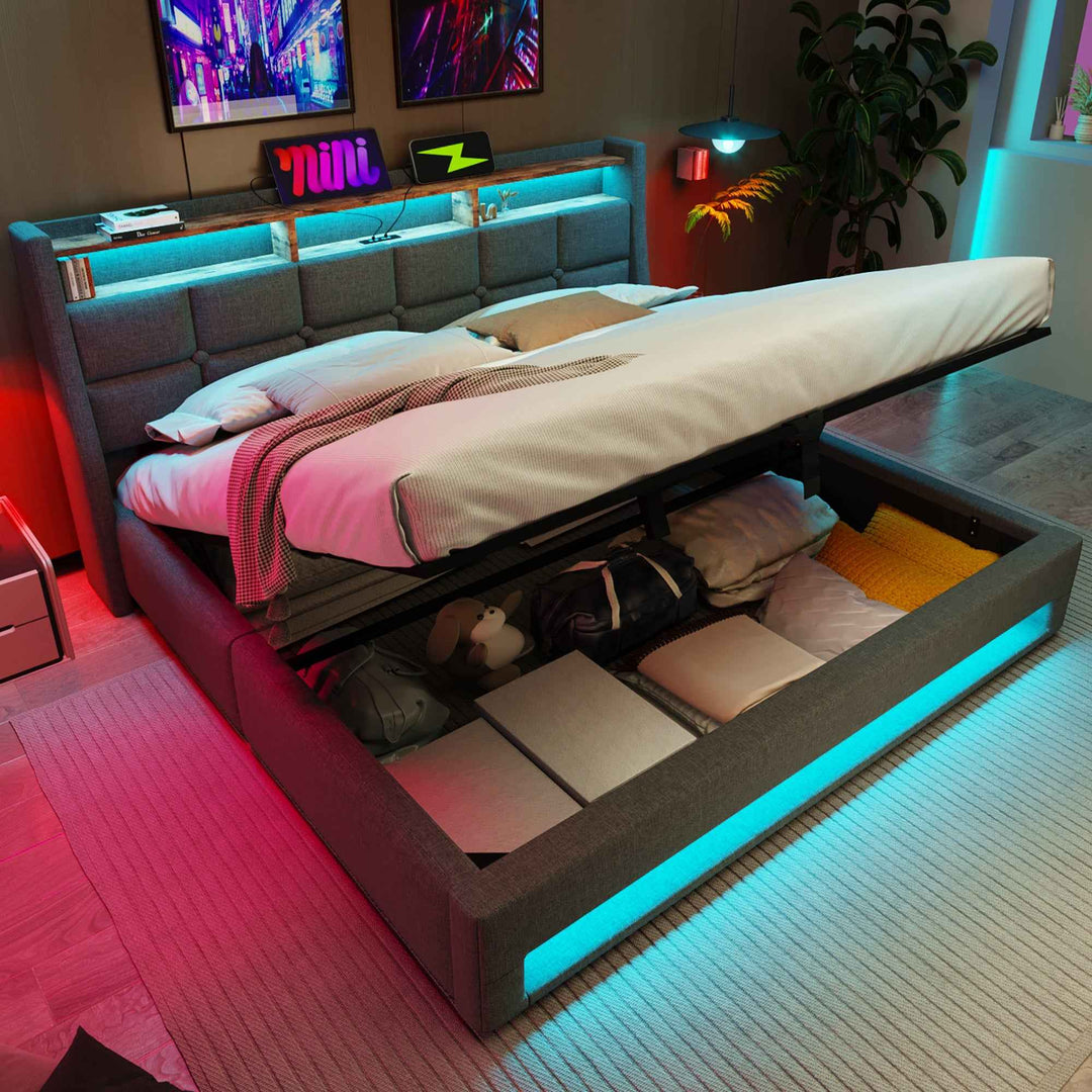 King Size Upholstered Bed Frame 150x200cm Grey Linen with LED Lighting, USB Type-C Charging, Storage Headboard, Metal Slats, No Mattress