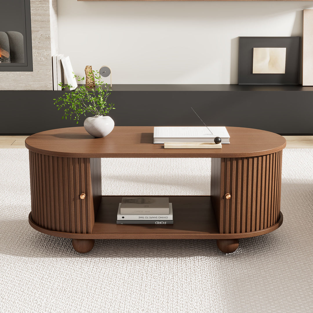Retro wooden look oval coffee table with 2 sliding storage doors CUNEIFORMWEDGE