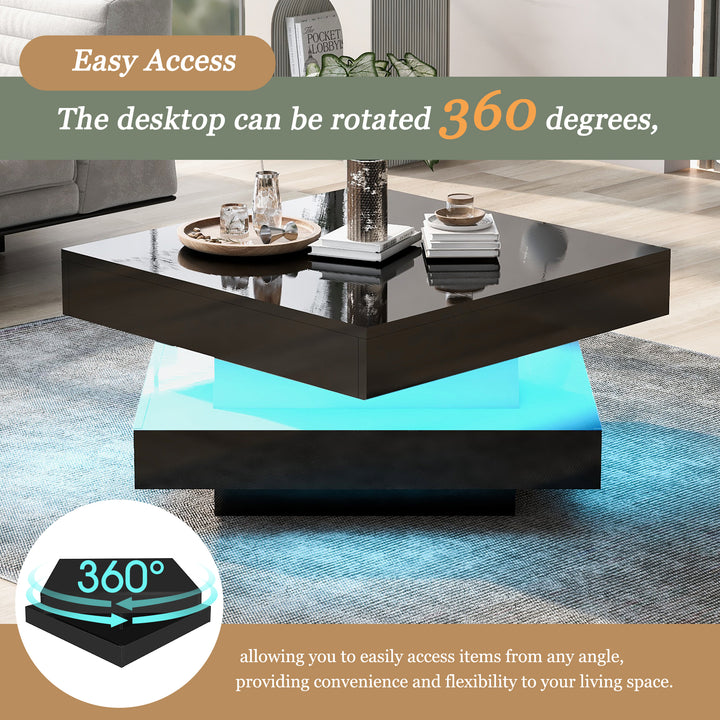 Black high gloss square coffee table with 360° rotating top LED lighting KERATINSCALE