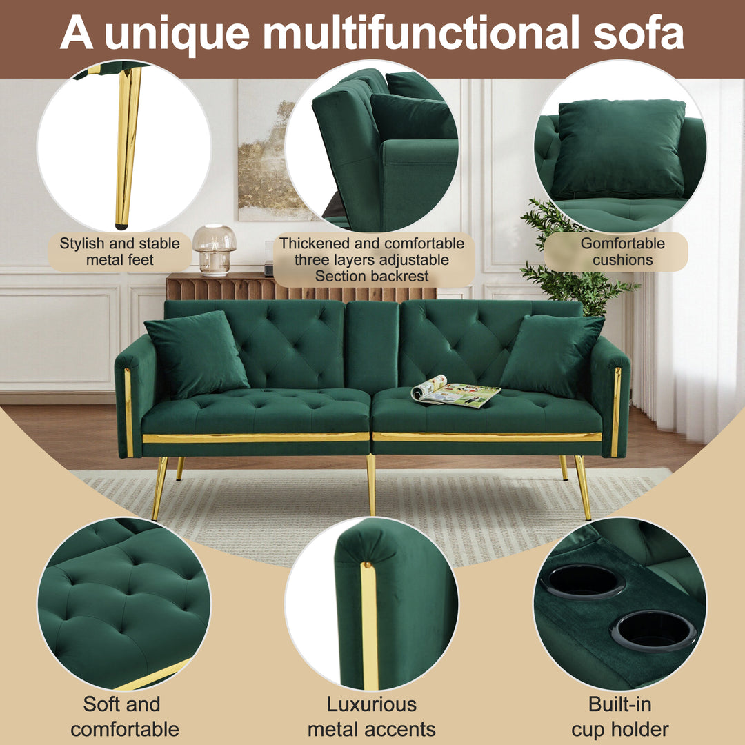 Green tufted velvet 2-seater sofa bed with adjustable backrest and hidden cup holders golden accent HYDROPON