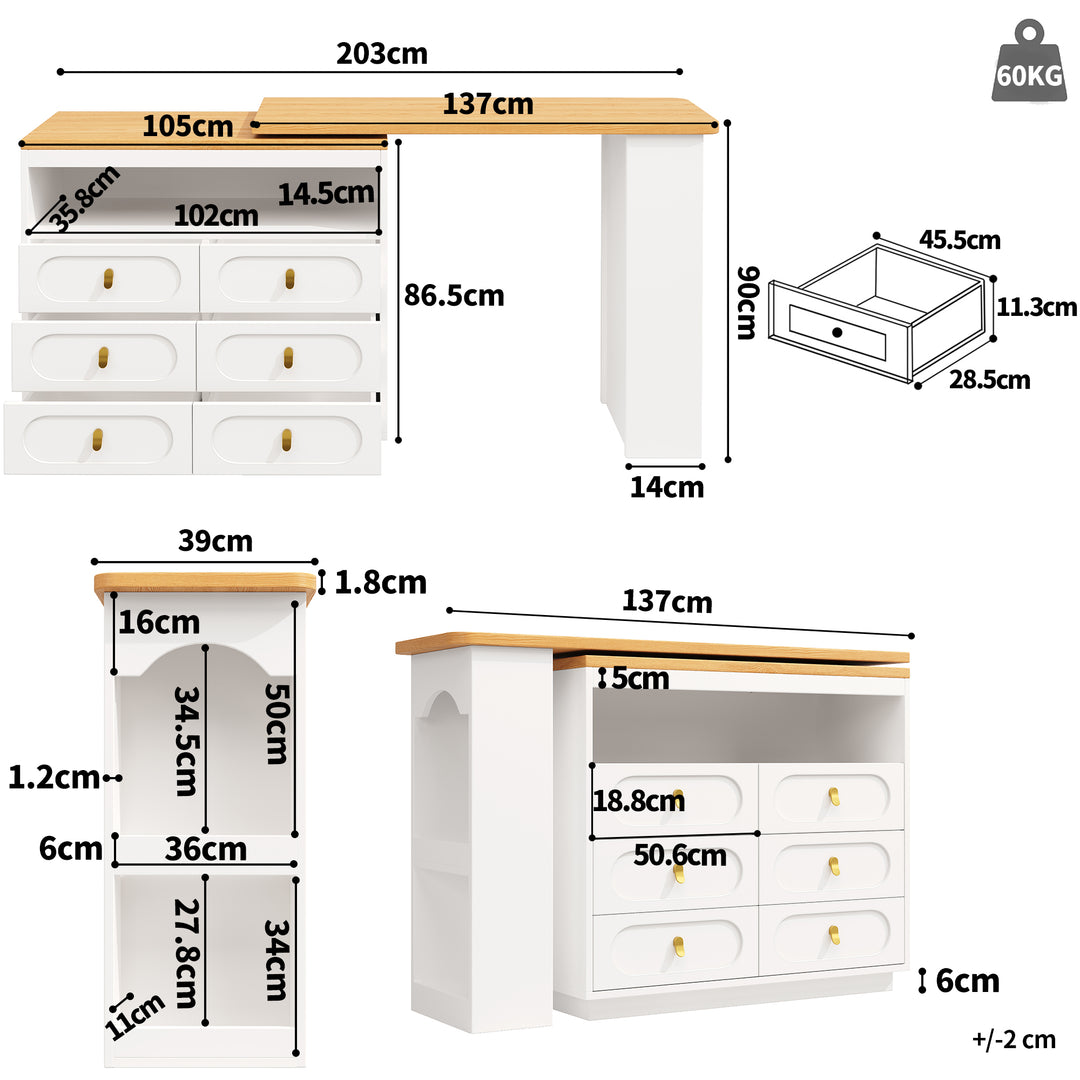 White 360° rotating extendable bar table with 6-drawer storage SYCAMOREBALL