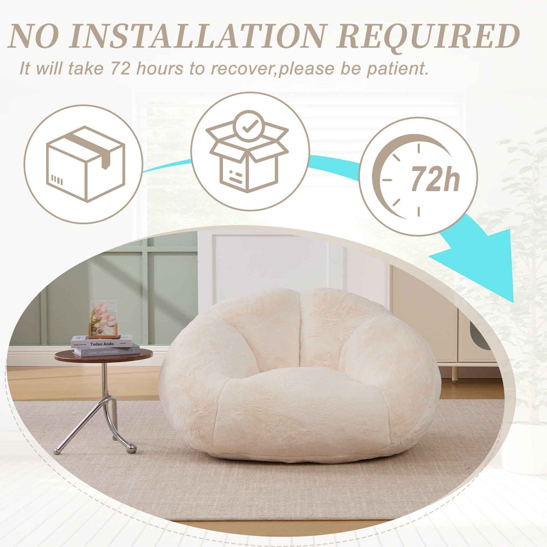 Lazy chair shell shaped sofa beige faux fur, memory foam bean bag chair removable cover
