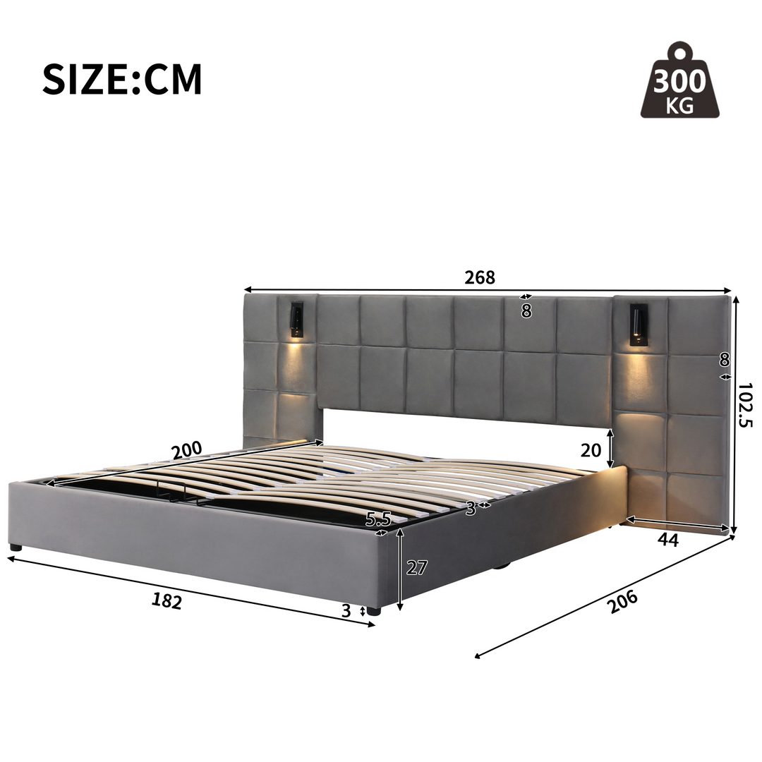 Super king size upholstered ottoman bed 6ft velvet grey with USB charging & lamp, wide headboard no mattress or bedside tables