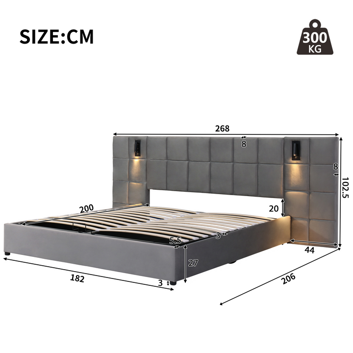 Super king size upholstered ottoman bed 6ft velvet grey with USB charging & lamp, wide headboard no mattress or bedside tables