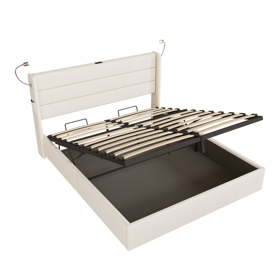 Beige linen upholstered king size divan bed with storage, lampe and charging station 150x200cm GRANULE UK