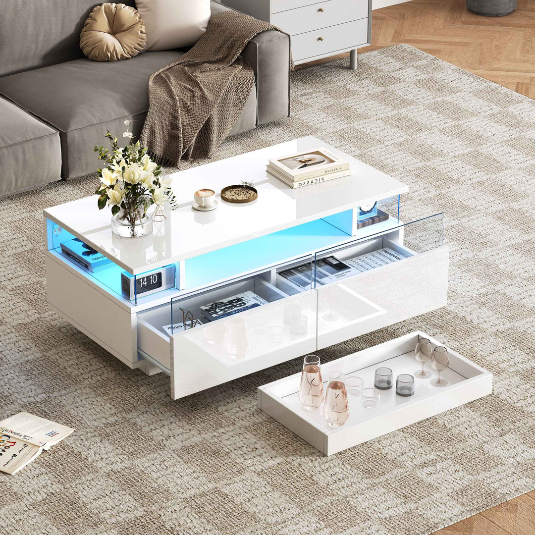 White high gloss coffee table with LED lights, 2 drawers, pull-out tray FLAREVORNAX