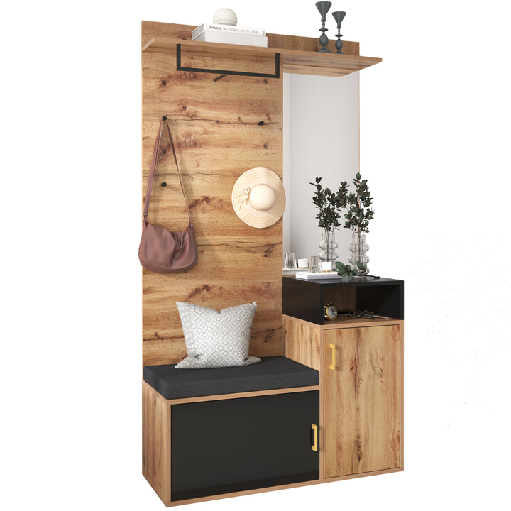 Wooden look entryway coat rack with bench shoe cabinet & mirror CLUBMOSSSPIKE