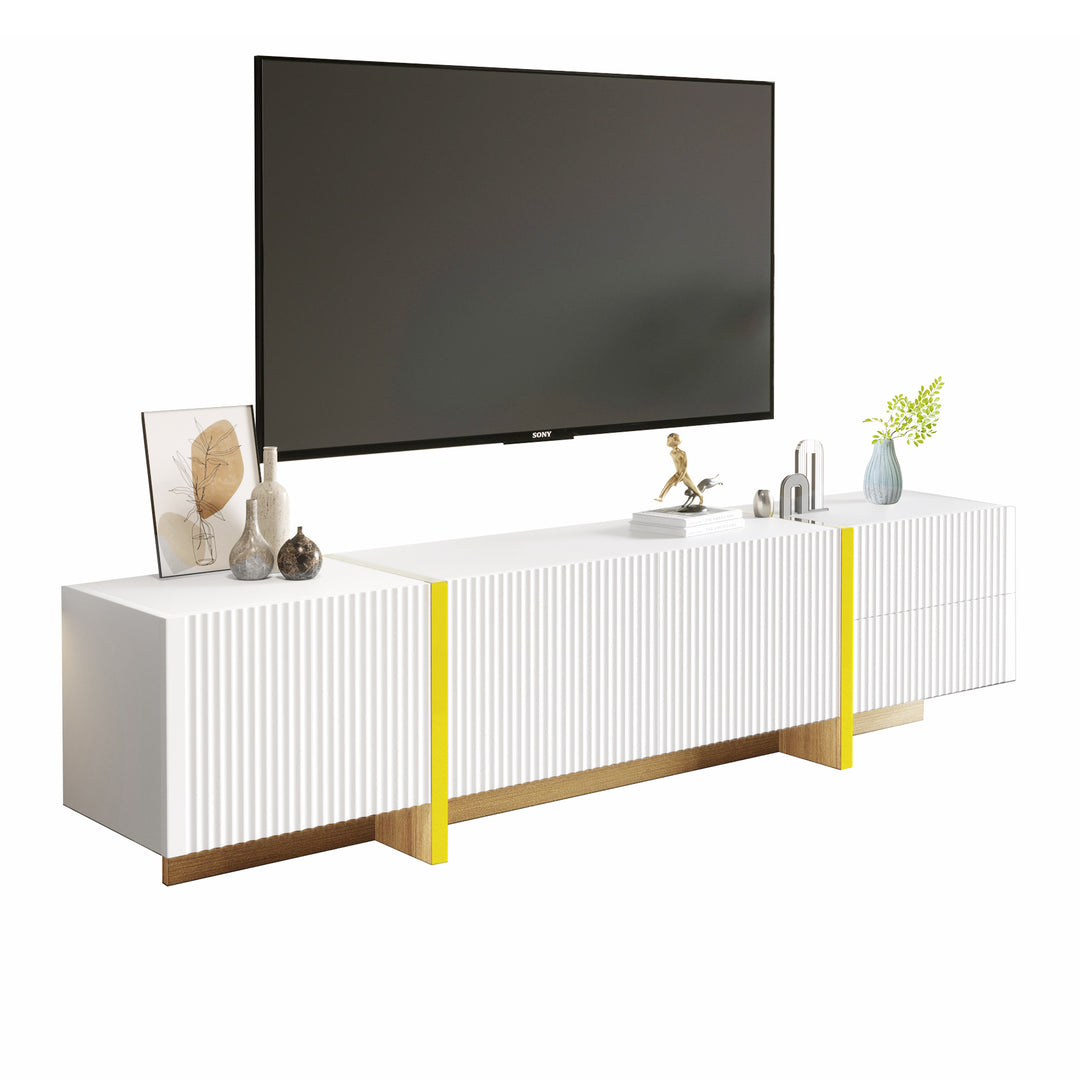 White fluted TV cabinet 3 doors, 2 drawers 190cm gloden accent CONNECTIV