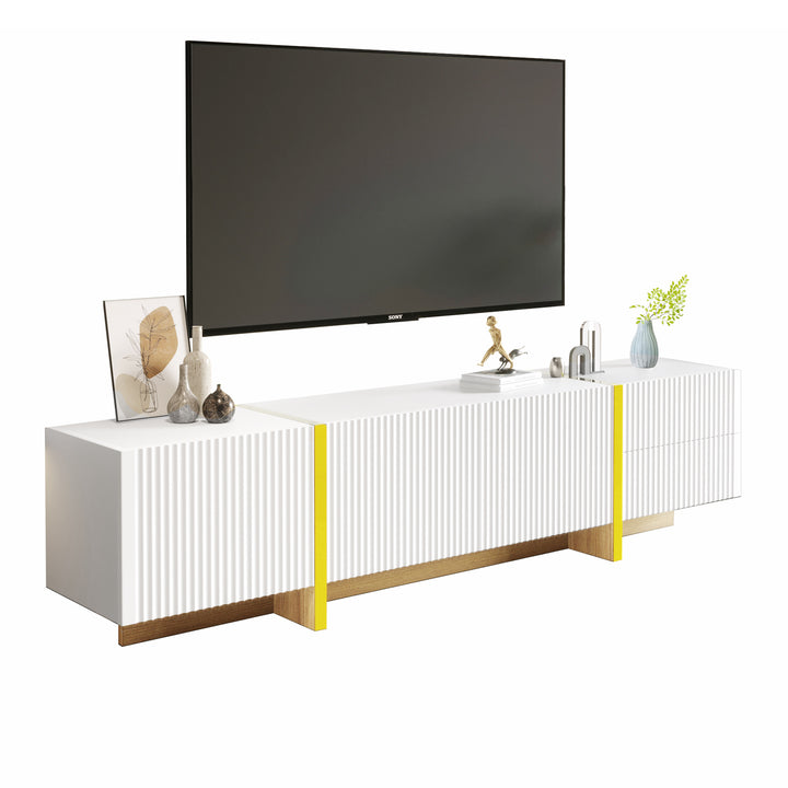 White fluted TV cabinet 3 doors, 2 drawers 190cm gloden accent CONNECTIV