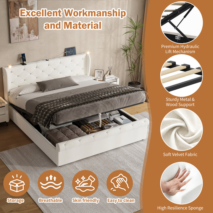 Velvet beige king size ottoman bed end opening with USB reading light 150x200cm PINNACLEION