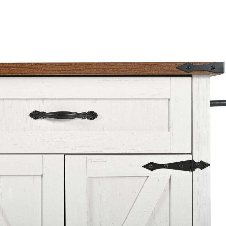White farmhouse style rolling kitchen island with fold-out top and racks SALTMARSH
