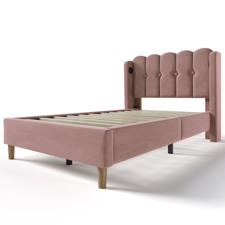 Pink velvet upholstered single divan bed frame with USB charging KRIGIED SINGLE PINK UK