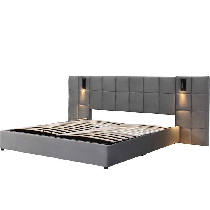 Super king size upholstered ottoman bed 6ft velvet grey with USB charging & lamp, wide headboard no mattress or bedside tables