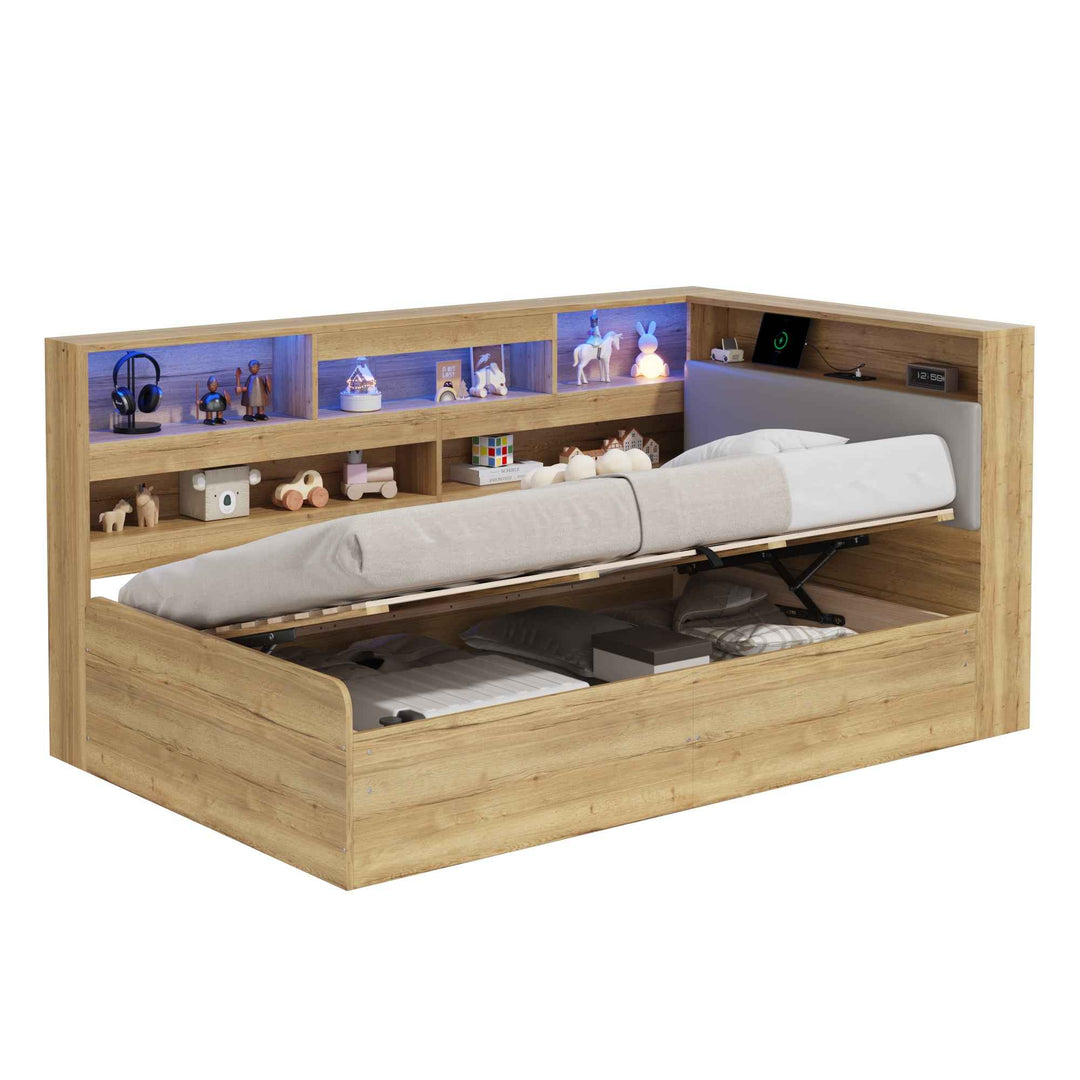 00+Daybed 90 x 190 cm MDF Natural, Hydraulic Storage Bed with LED, USB & USB-C TRUNKLINE