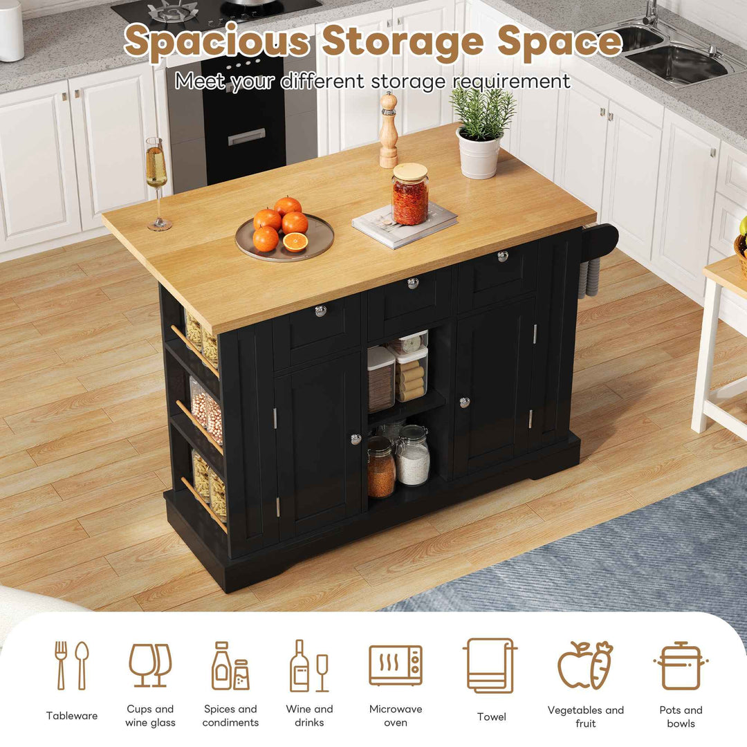 00+Kitchen Island on Wheels 132cm, Foldable Drop Leaf, MDF, Natural+Black, 3 Drawers, Spice Rack, Towel Holder, Charging Station VERTEXKORR