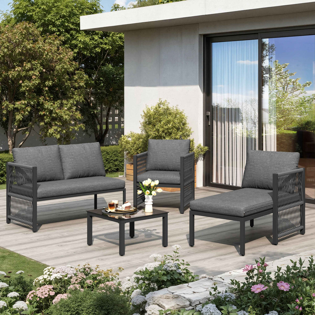 Garden furniture set 4-5 seater grey modular sofa with tempered glass table INFINITECASCD