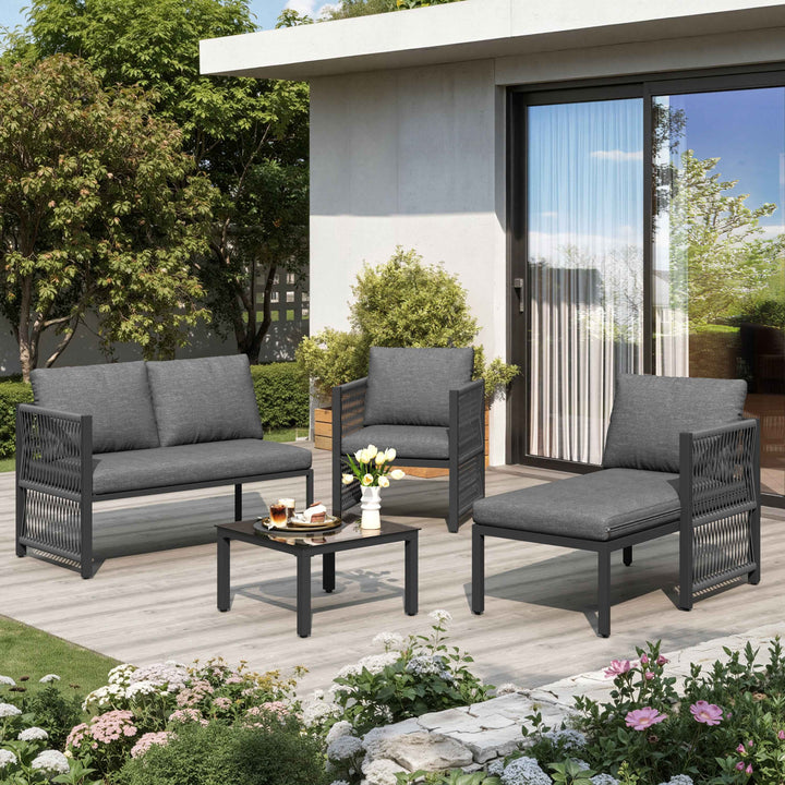 Garden furniture set 4-5 seater grey modular sofa with tempered glass table INFINITECASCD