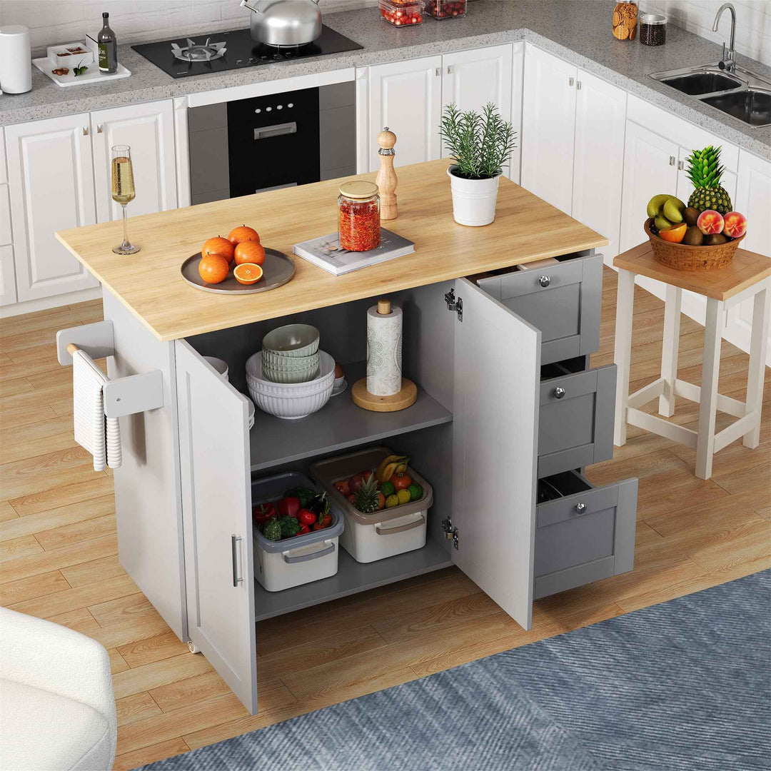00+Kitchen Island on Wheels Grey Foldable Tabletop, 3 Drawers, 2 Doors, for Dining & Living Room VERTEXRYN