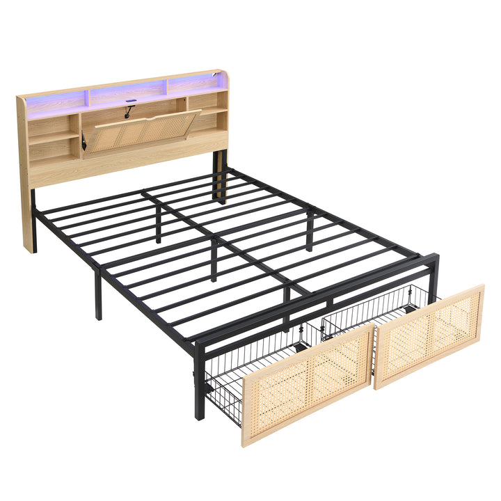 Wooden double bed with headboard storage, rattan drawer and LED lighting (135×190cm) HYDATHOD