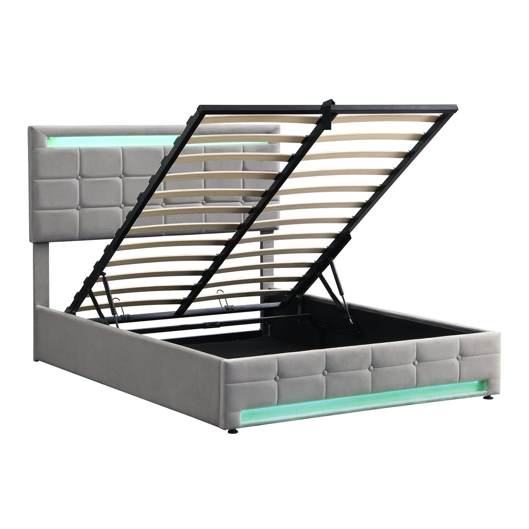 Grey velvet upholstered ottoman double bed with LED lighting (135x190cm) ANHYDROBIO