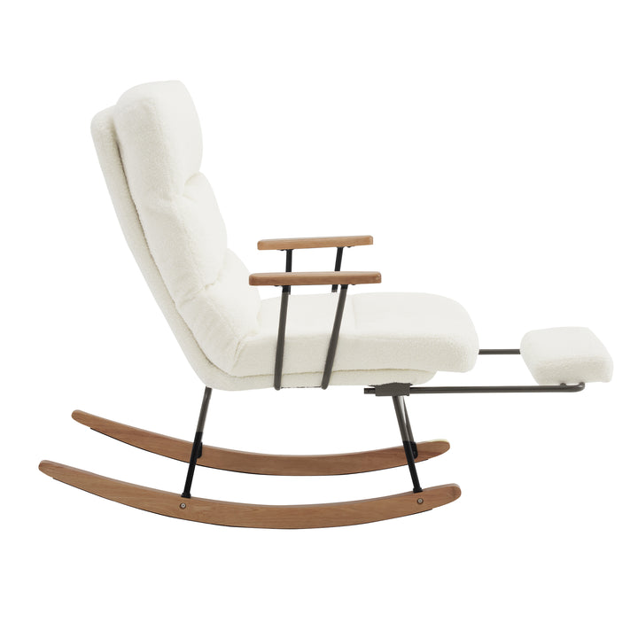 White boucle fabric nursery rocking chair with glider footrest PATINA UK