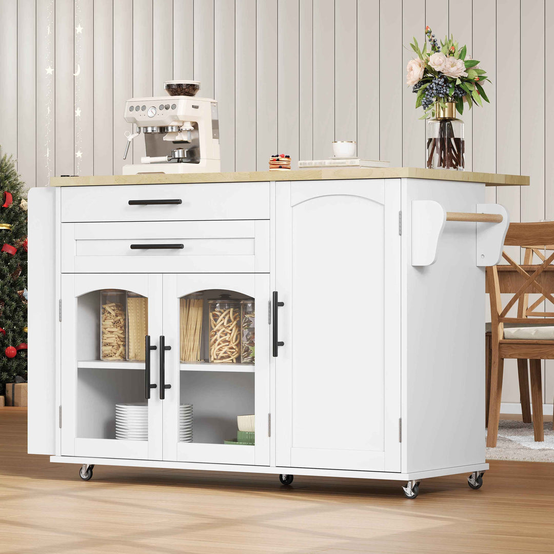 00+Mobile Kitchen Island Trolley White Foldable Worktop, 5 Wheels, Glass Doors, Storage Racks, Cutlery Drawer NOVAOR