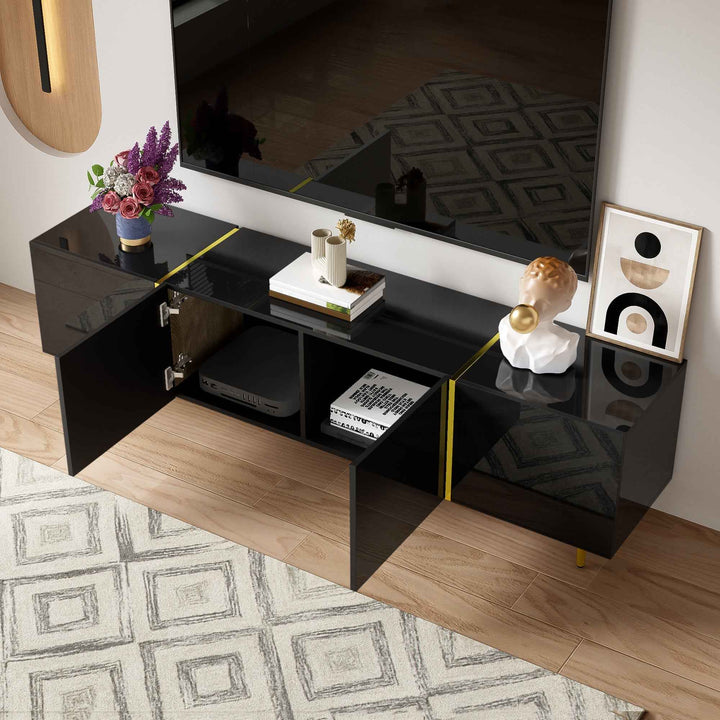 00+缺图 TV Cabinet Modern Style 170 cm Black High-Gloss with 4 Doors Soft-Close Storage URBANSCREEN