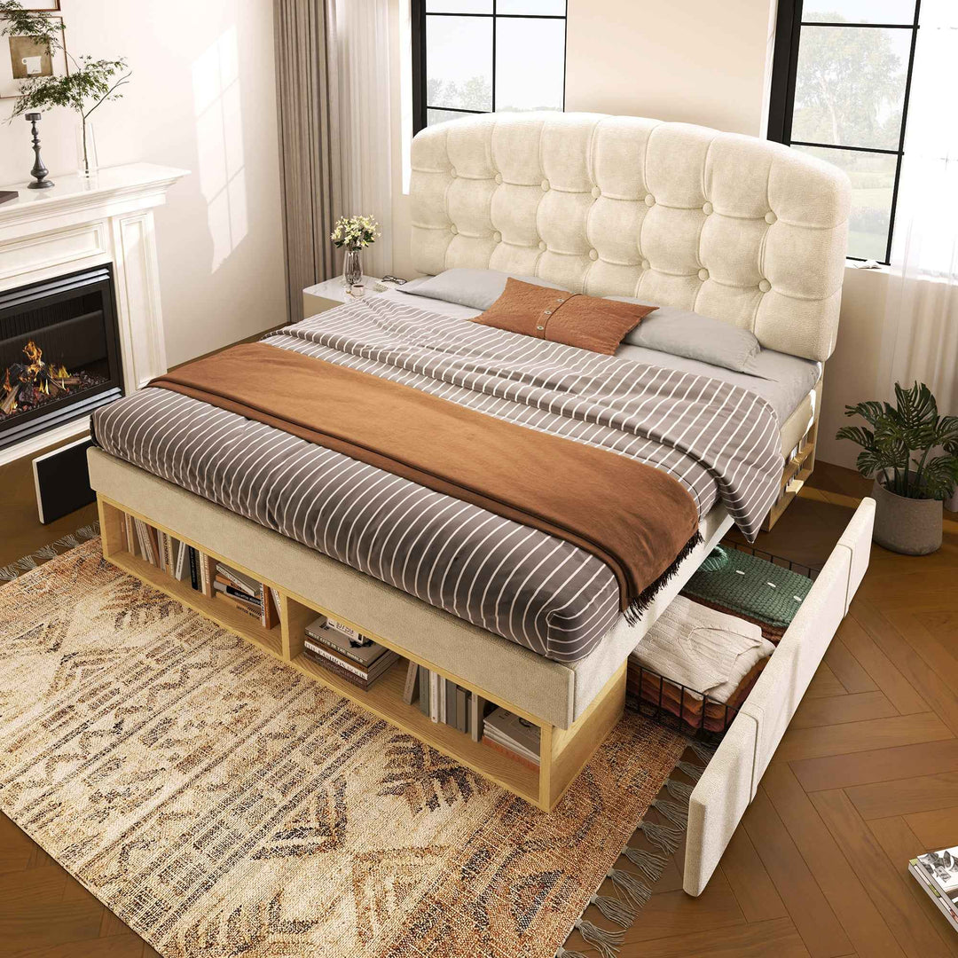 Double Bed Frame with Storage Drawers Velvet Upholstered, 135x190cm, Beige, No Mattress BEDRESIN