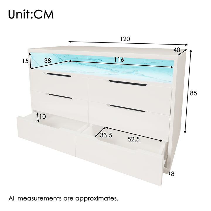 White marbled look 6-drawer sideboard with LED lighting MAGNETOPAUS