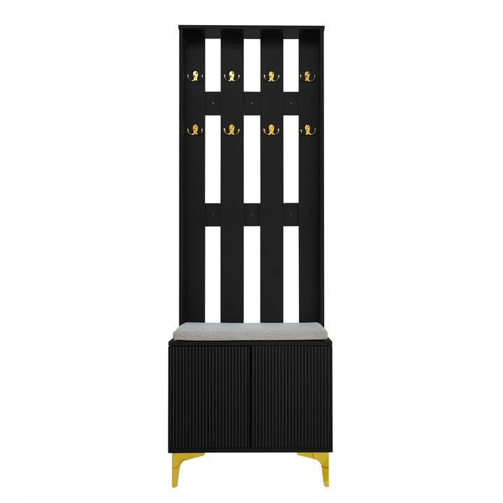 Black wooden entryway coat hanger, bench and cushion, and shoe cabinet TERMITEMOUND