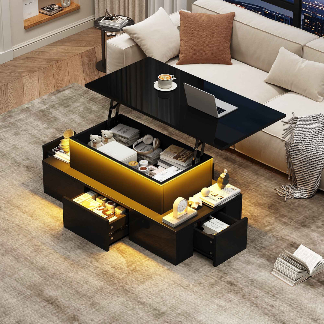 Lift top black high gloss coffee table with 4 drawers and LED lighting INFINITECASCADEE
