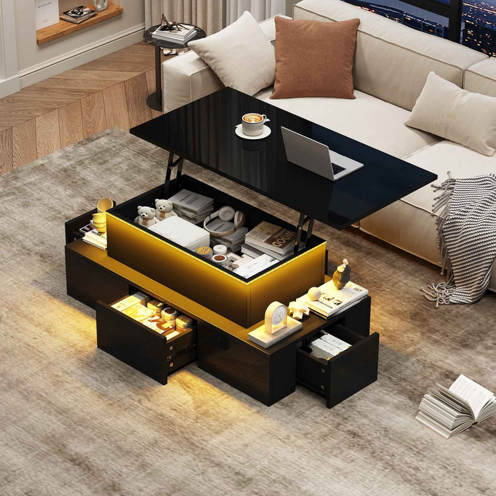 Lift top black high gloss coffee table with 4 drawers and LED lighting INFINITECASCADEE