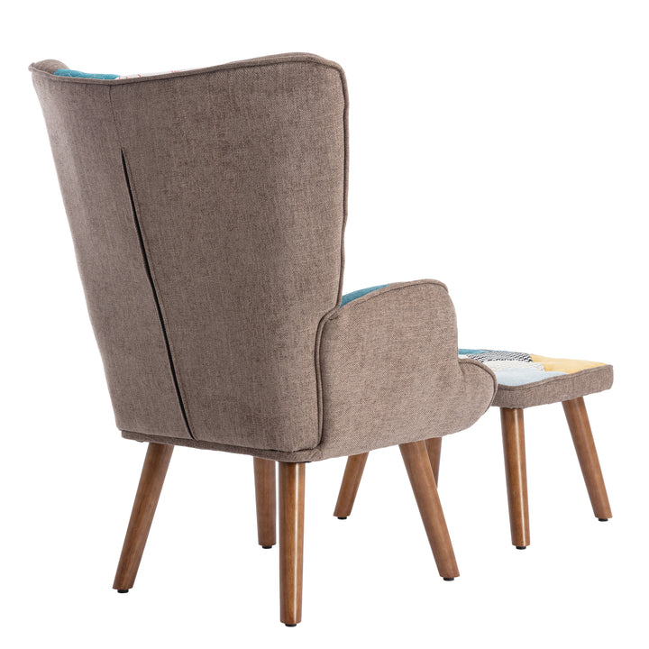 Multi-colour patchwork wingback lounge chair with footrest, backrest and cushion FINKAR UK