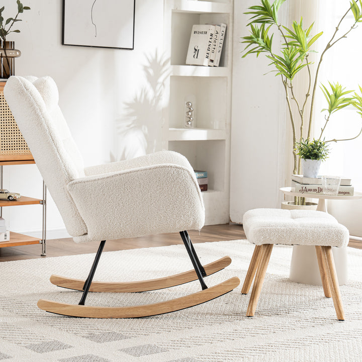 White bouclé fabric rocking chair with footstool and neck pillow PHLOEM