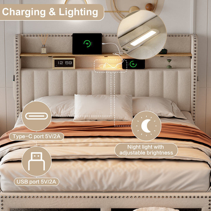 Beige linen upholstered divan double Bed 135x190cm with 2 storage drawers and LED lighting & charging ports (no mattress) OGHAMNOTCH