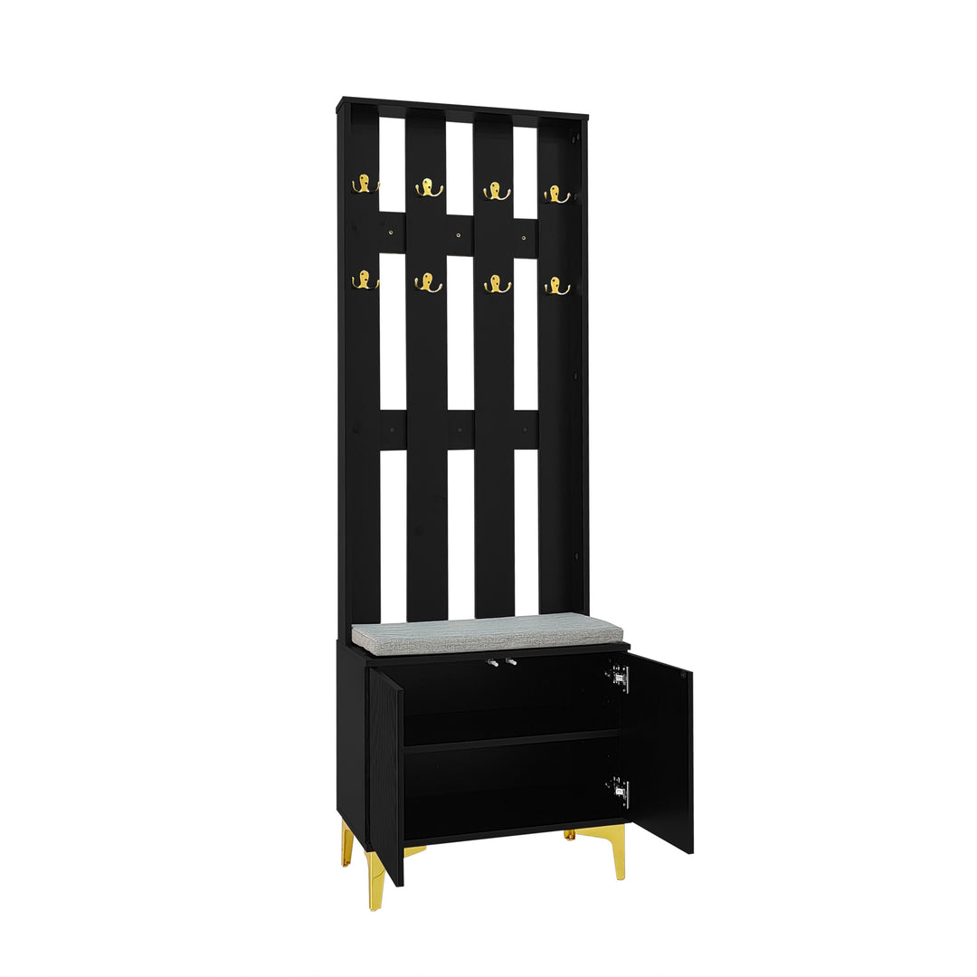 Black wooden entryway coat hanger, bench and cushion, and shoe cabinet TERMITEMOUND
