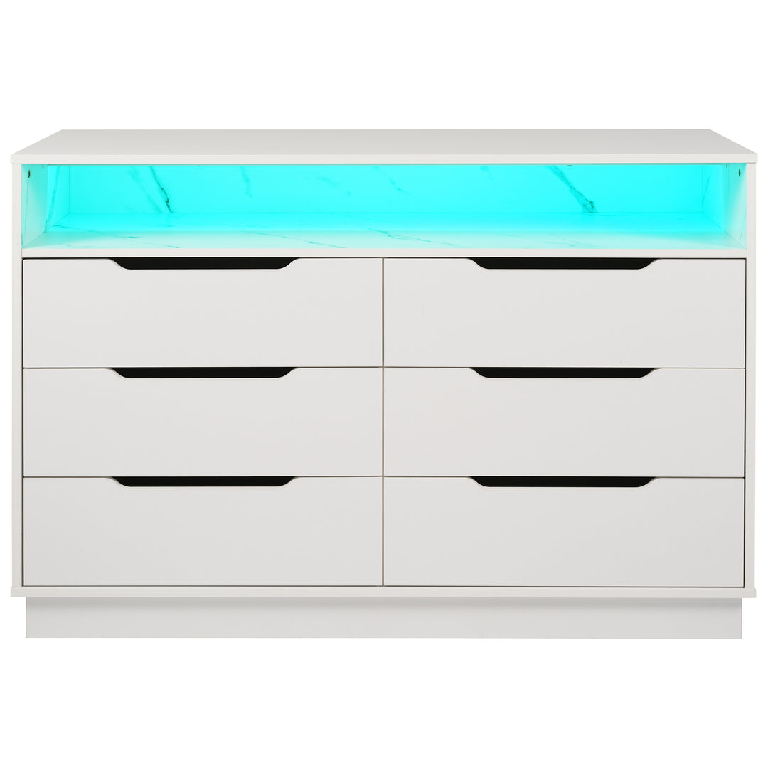 White marbled look 6-drawer sideboard with LED lighting MAGNETOPAUS