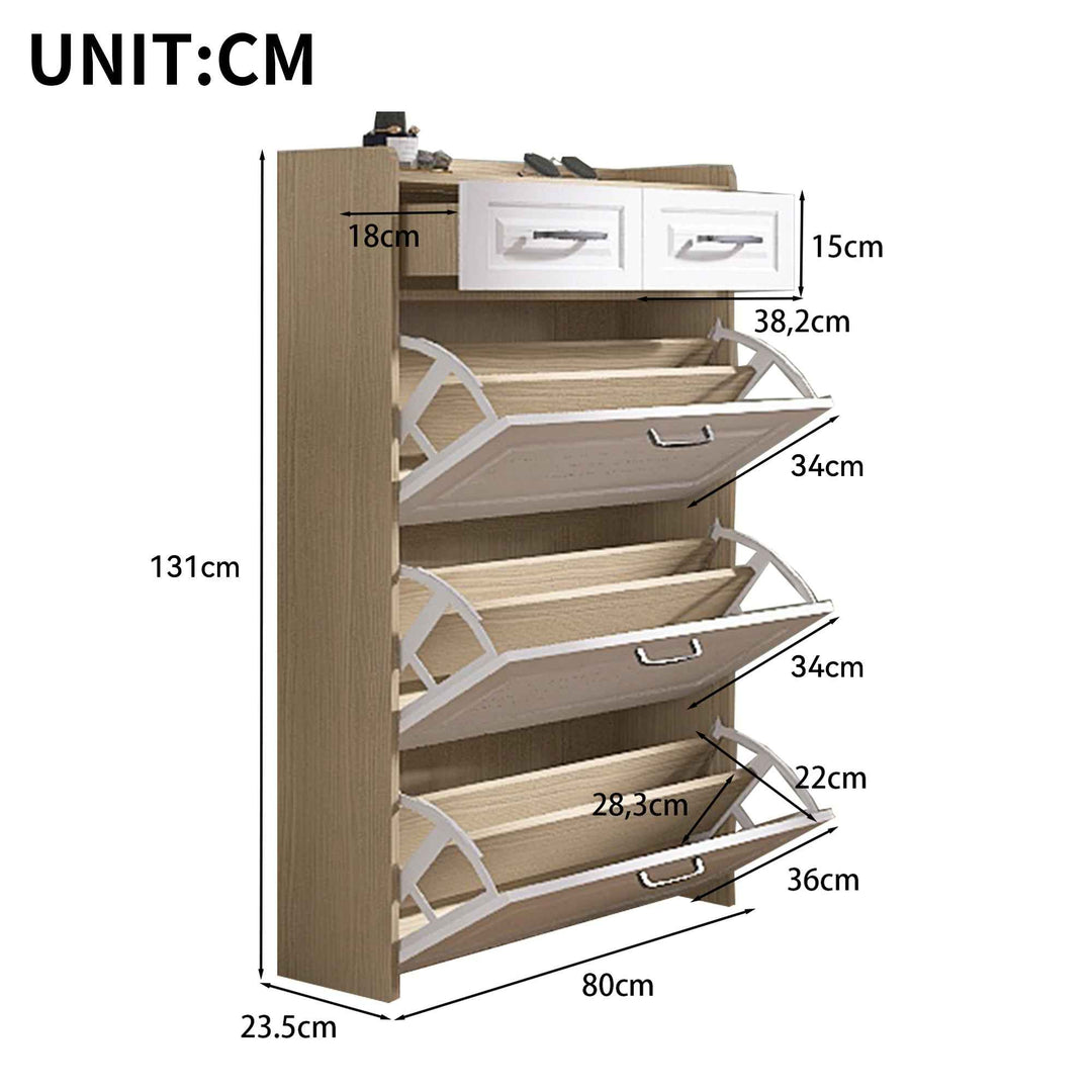 Shoe Cabinet with 3 Flip Louvered Doors & 2 Drawers, Adjustable Dividers, White, 80x23.5x131cm, Slim Wooden Storage for Hallway & Entryway