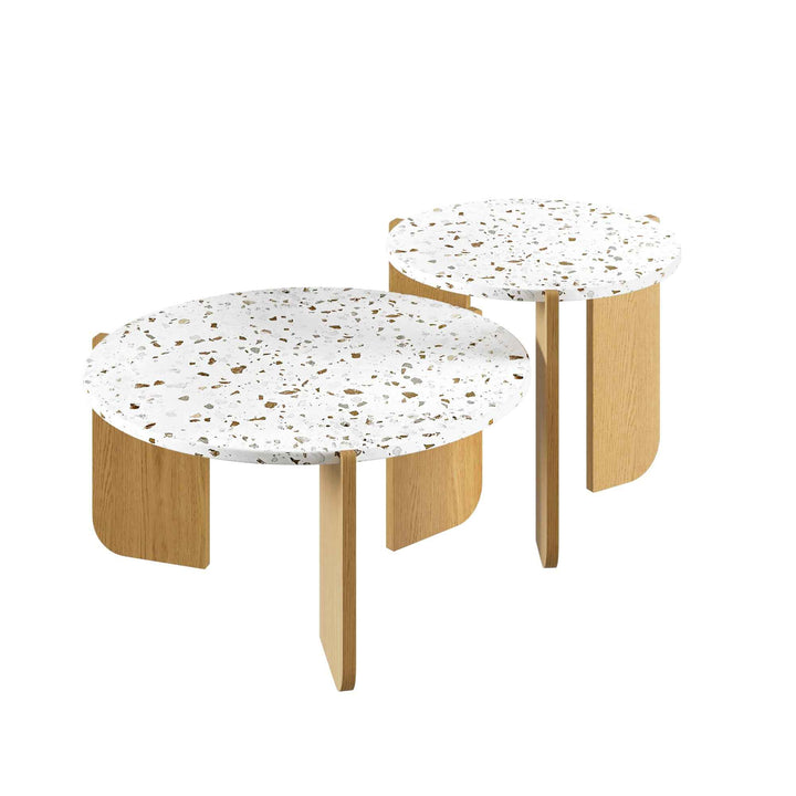 Set of 2 white marble look round nesting coffee table and wooden legs RACKAIR