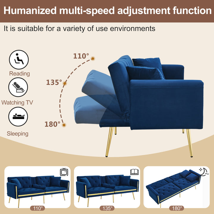 Blue velvet tufted 2-seater sofa bed with gold legs hidden fold-down cup holder FUMAROLEVENT