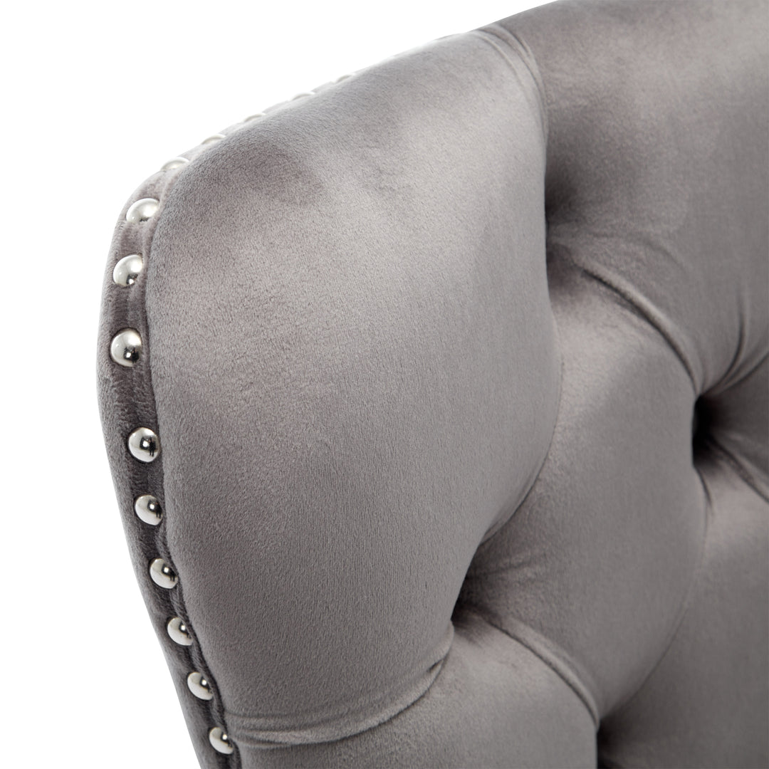 Set of 4 dining chairs velvet grey tufted with solid wood legs, nailheads and back chrome ring NOBLEE