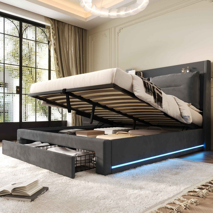 King Size Upholstered Bed 150x200cm Velvet Dark Grey with Hydraulic Storage, LED Lights, Drawers, Slatted Frame